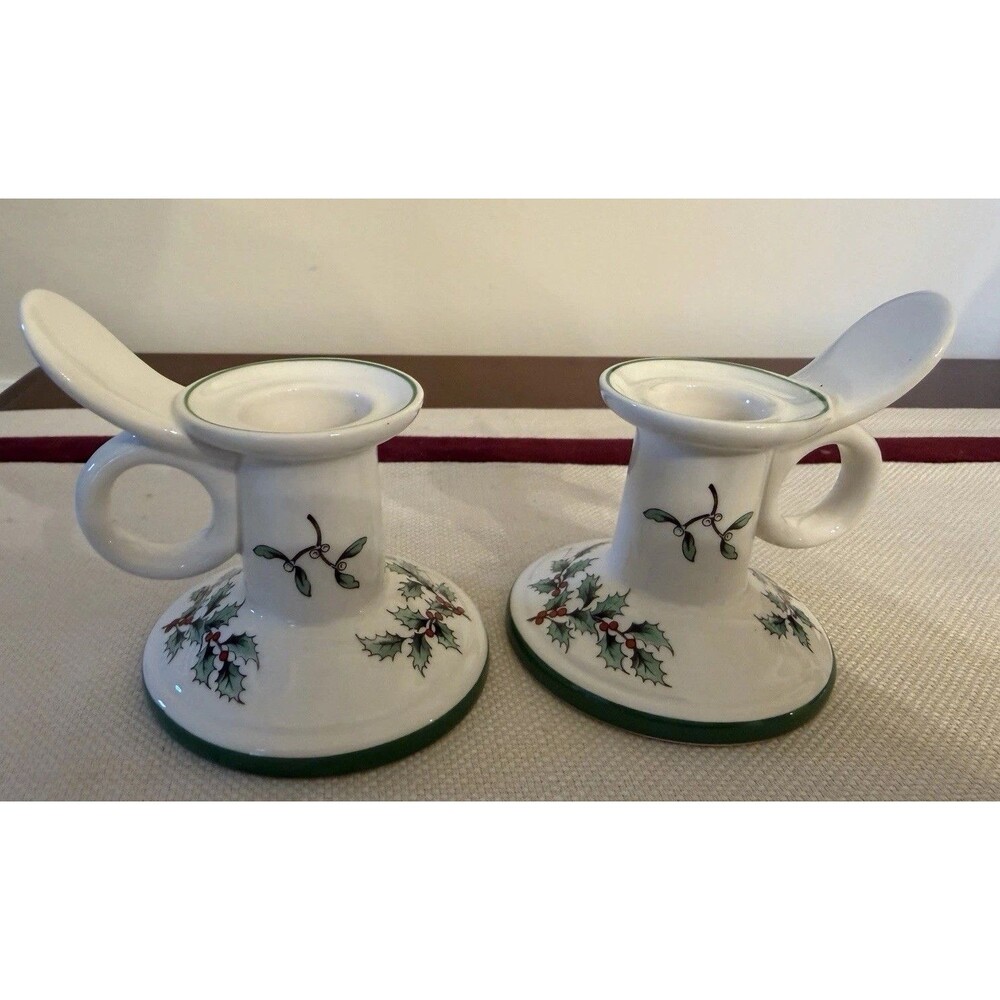 Spode Christmas Tree Chamberstick Candle Holders Set of 2 Holly Berry England
